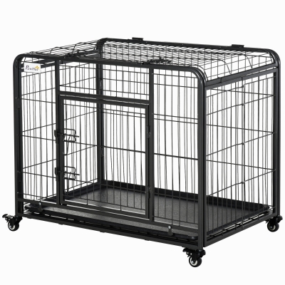 PawHut Folding Design Metal Dog Crate & Heavy Duty Kennel with Removable Tray 4 Locking Wheels 37" x 22.75" x 27.25"