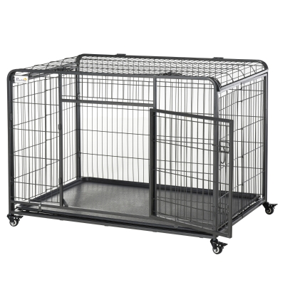 PawHut Heavy Duty Folding Design Metal Dog Crate & Kennel with Removable Tray & 4 Locking Wheels 49.25" x 30" x 32"