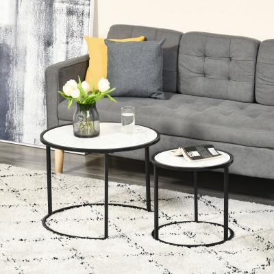 HOMCOM Round Nesting Coffee Table Set of 2, Stacking Modern Accent Tables with Faux Marble Tabletop and Metal Frame for Living Room, White
