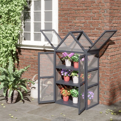 Outsunny Wooden Cold Frame Greenhouse Garden Portable Raised Planter with 3 Tier Shelves, Openable Top and Double Doors, for Outdoor Indoor Use, 28" x 17" x 52", Grey