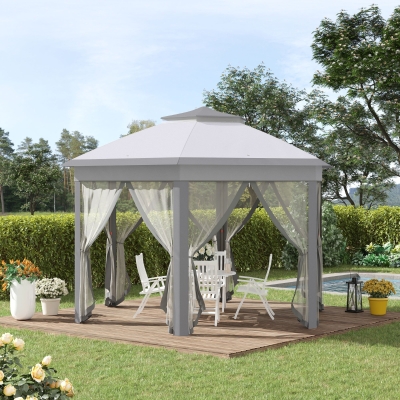 Outsunny Double Roof Hexagon Patio Gazebo Outdoor Instant Shelter Garden Shelter with Netting Grey