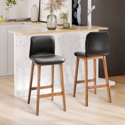 HOMCOM Modern Bar Stools Set of 2, Counter Height Bar Chair with PU Leather Wooden Frame Padding Seats for Dining Room Home Bar Brown