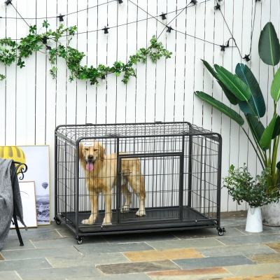 PawHut Folding Dog Crate Heavy Duty Cage for XL Sized Dogs with Double Doors, Lockable Wheels, Divider Panel 49" x 30" x 32"