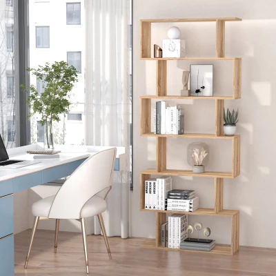 HOMCOM 75.5" H Oak 6-Shelf S-Shaped Bookcase Organizer