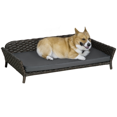 PawHut Rattan Dog Sofa, Wicker Pet Bed, Raised Cat Couch, with Steel Frame, Soft Washable Cushion, Indoor & Outdoor Use, for Small and Medium Dog, Charcoal Grey