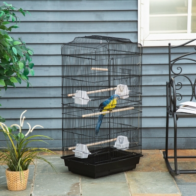 PawHut 36" Bird Cage Macaw Play House Cockatoo Parrot Finch Flight Cage 2 Doors Perch 4 Feeder Pet Supplies, Black
