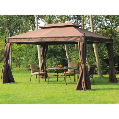 Outsunny 10x13ft Garden Gazebo Double-Tiered with Curtain Outdoor Shelter Backyard Canopy, Coffee