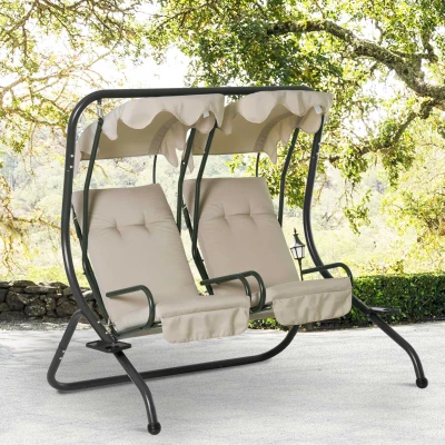 Outsunny Modern 2-Seater Outdoor Patio Swing Chair, Porch Seats with Cup Holder and Removeable Canopy, Beige(m-2)
