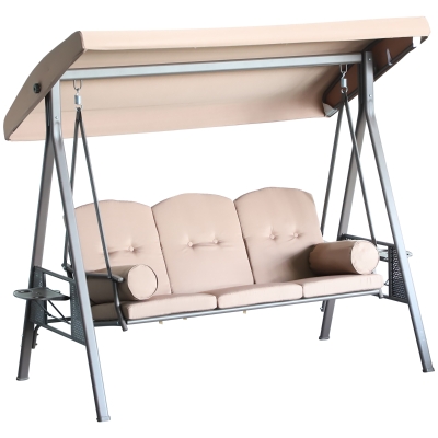 Outsunny Outdoor Patio 3-Person Steel Canopy Cushioned Seat Bench Swing with Included Side Trays & Padded Comfort - Brown
