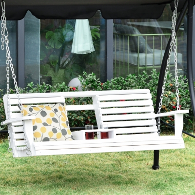 Outsunny 2 to 3 Seater Wood Swing Chair Swing Bench with Foldable Table, Cup Holders, Steel Chains, White