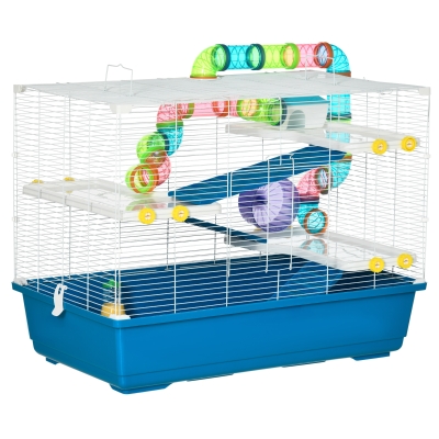 PawHut Extra Large 31" Hamster Cage with Tubes and Tunnels, Portable Carry Handles, Hamster Cages and Habitats Big 5-Tier Design, Includes Exercise Wheel, Water Bottle, Food Dish, Blue