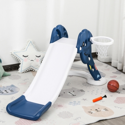 Qaba Kids Slide with Basketball Hoop Toddler Climber Freestanding Slider Playset Playground Slipping Slide Indoor Outdoor Exercise Toy Activity Center for 3-6 Years Old Blue