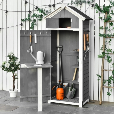 Outsunny 30.75"x 20.75"x71.75" Garden Wood Storage Shed with Workstation Multifunction Lockable Sheds and Outdoor Storage, Grey
