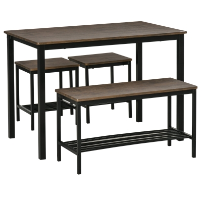 HOMCOM Industrial Dining Table Set, Kitchen Table and Chairs for 4, Dinner Table with Bench Set with Metal Frame & Storage Shelf, 4 Piece Dinette Set for Dining Room, Rustic Brown