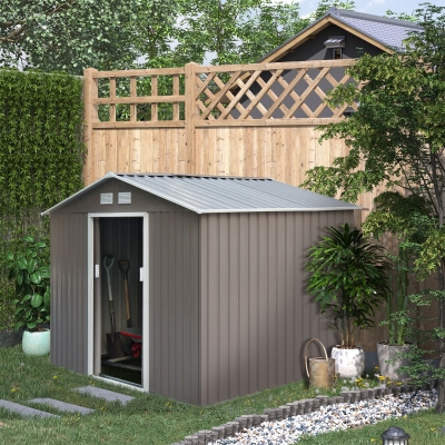 Outsunny 9.1' x 6.4' x 6.3' Garden Storage Shed with Floor Foundation Outdoor Patio Yard Metal Tool Storage House, Grey
