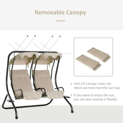 Outsunny Modern 2-Seater Outdoor Patio Swing Chair, Porch Seats with Cup Holder and Removeable Canopy, Beige(m-6)