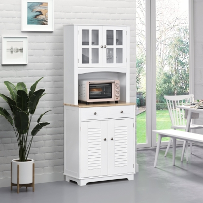 HOMCOM Coastal Style Kitchen Buffet and Hutch Wooden Storage Cupboard with Framed Glass Door LouveredCabinet Drawers Microwave Space for Dining Room Living Room White