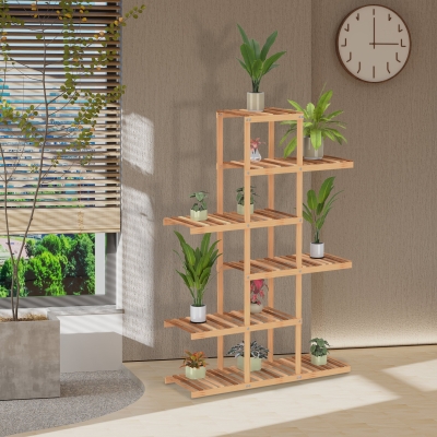 HOMCOM 6-Tiers Slatted Bamboo Shelf Display Shelf Storage Rack Standing Shelf Natural Color Large Capacity