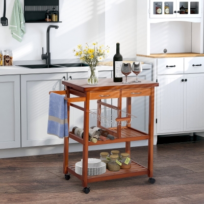 HOMCOM Wooden Kitchen Trolley Cart Basket Drawer Dining Storage w/Roller Holder Wood