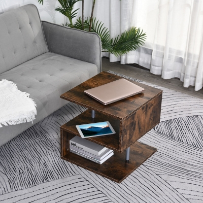 HOMCOM End Coffee Table S Shaped Stand Storage Shelves Organizer Living Room Oak Brown