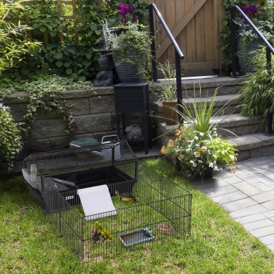 PawHut Metal Small Rabbit Hutch Cage Main House Guinea Pig Hutch Small Animal Shed W/ wheels and brakes Foldable Large Run Detachable Black (34.75" L x 50.5" W x 22" H)