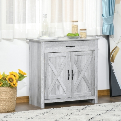 HOMCOM Farmhouse Barn Door Sideboard Accent Buffet Storage Cabinet Coffee Bar for Living Room, Entryway, Grey