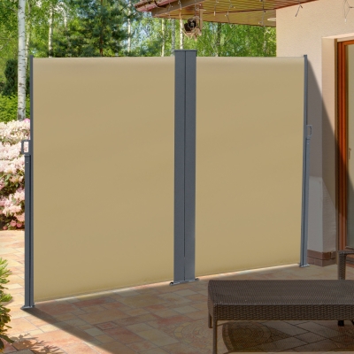 Outsunny Patio Retractable Double Side Awning Folding Privacy Screen Fence Privacy Wall Corner Divider, Garden Outdoor Sun Shade Wind Screen, Beige