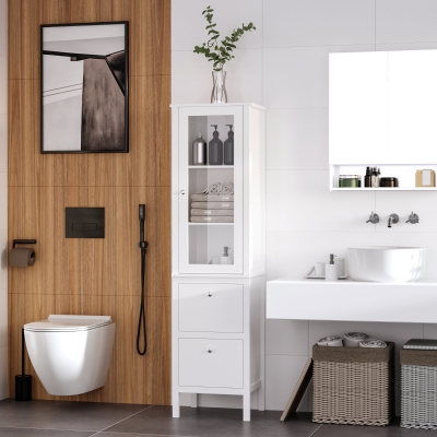 kleankin Tall Bathroom Cabinet with Tempered Glass Door, Storage Organizer, Freestanding Linen Tower with 2 Adjustable Shelves and 2 Drawers, White
