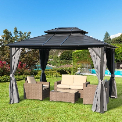 Outsunny 12' x 10' Steel Hardtop Gazebo Garden Sun Shelter with Mosquito Netting and Curtains Hanging Hook Aluminum Frame