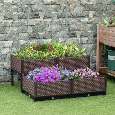Outsunny Set of 4 Garden Raised Bed, Elevated Planter Box, Flower Vegetables Planting Container with Self-Watering Design and Drainage Holes