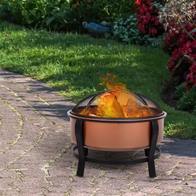 Outsunny Copper-Colored Round Basin Fire Pit Bowl with Organic Black Base, a Wood Poker, & Mesh Screen for Embers
