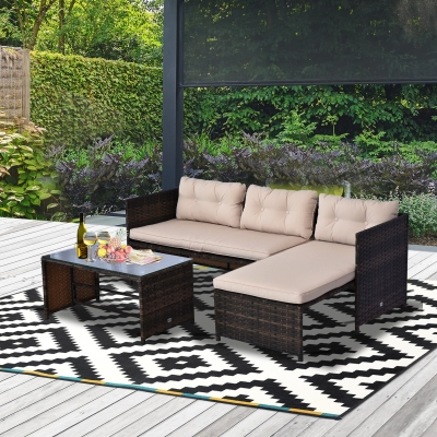 Outsunny 3pcs Outdoor Rattan Wicker Sofa and Chaise Lounge Set with Cushion Garden Patio Furniture Brown and Beige