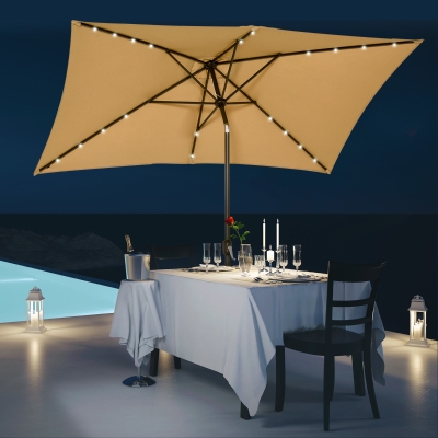 Outsunny 6.5x10ft Rectangle Solar Powered Tilt Patio Umbrella Aluminum Outdoor Market Parasol with LEDs Crank, Light Coffee