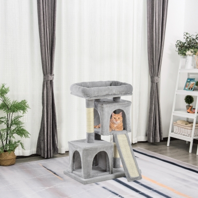 PawHut Plush Cat Tree Tower w/ Sisal Scratching Post Board Perch Condo Light Grey