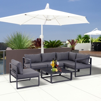 Outsunny Outdoor 6 Piece Aluminum Framed Sectional Sofa Set Conversation Couch Lounger Coffee Table w/ Cushion