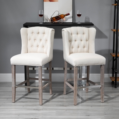 HOMCOM 2 Pieces Linen Style Bar Stools Tall Chair with Back Footrest for Home Pub