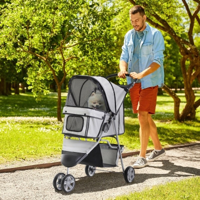 PawHut 3 Wheels Pet Stroller Foldable Carrier Jogging Stroller with Brake, Canopy, Cup Holders and Bottom Storage Space (Grey)