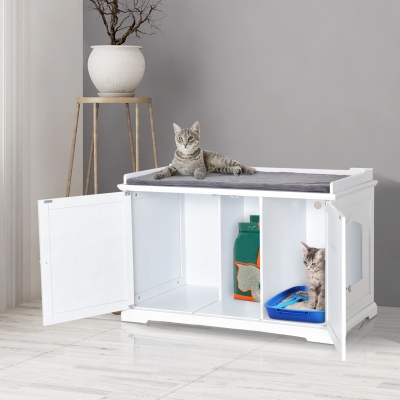 PawHut Cat Hidden Litter Box Enclosure Bench Hall End Table Pet Kitty Cabinet Wood
