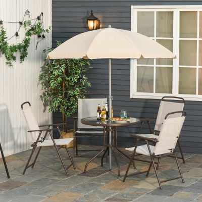 Outsunny 6PC Outdoor Patio Umbrella Set Garden Bistro Yard Furniture Dining Table Folding Chairs Steel, Cream White