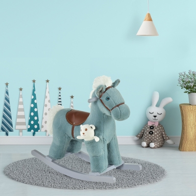 Qaba Kids Plush Ride On Rocking Horse w/ Plush Toy Animal Sounds for 18-36M