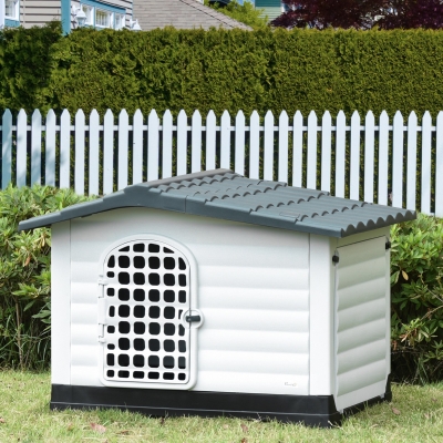PawHut Plastic Dog Kennel House Puppy Indoor & Outdoor Pet Shelter with Raised Base Window Door for Medium Sized Dogs Grey and White