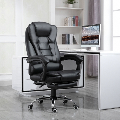 HOMCOM Ergonomic Executive Office Chair High Back PU Leather Reclining Chair with Retractable Footrest Lumbar Support Padded Headrest Armrest Black