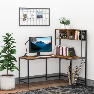 HOMCOM Home Office L-Shaped Computer Desk with Hutch and Storage Shelves, PC Table Study Writing Workstation with 2 Storage Compartments, Bookshelf, Brown