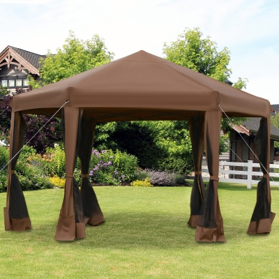 Outsunny 12.5' Pop Up Gazebo Hexagonal Canopy Tent Outdoor Shelter Pavilion Sun Protection with Mesh Sidewalls, Handy Bag, Dark Brown