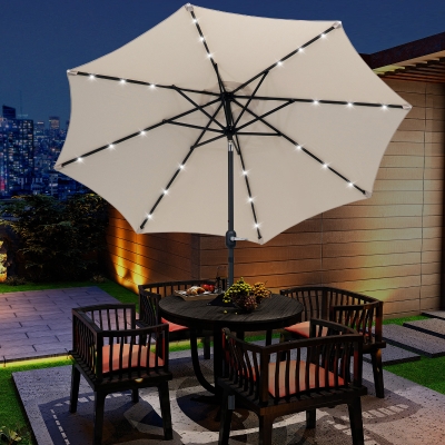 Outsunny 9ft Solar Patio Umbrella Outdoor Sunshade 24 LED Lights Tilt Canopy, Cream