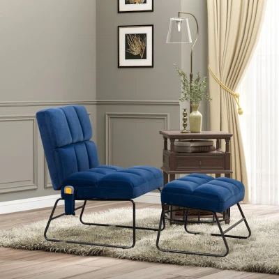 HOMCOM Velvet Accent Chair with Ottoman & Massage, Blue