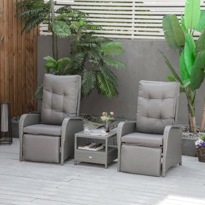Outsunny 3 Pieces Patio Wicker Bistro Set, PE Rattan Coffee Table & Adjustable Recline Chairs Furniture Set, w/ Cushions and Wood Grain Plastic Top for Backyard, Garden, or Patio, Grey