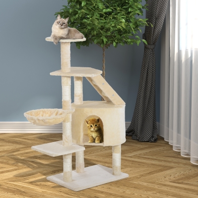 PawHut 49” Deluxe Cat Tree Furniture Scratching Pet Tower Kitten Play Post (Creamy White)