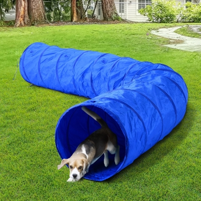 PawHut 5663-0239 16.4' 300D Oxford Portable Puppy Dog Tunnel Pet Agility Exercise Training Soft Crate, Blue