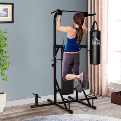 Soozier 86" Full Body Power Tower Home Gym Fitness Station with Punching Bag Adjustable Sit Up Bench